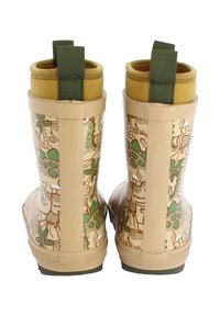 Bottes de pluie en caoutchouc beige avec des accents verts ; décorées d'un motif ludique d'animaux et de plantes ; comprennent une doublure en tissu doux couleur tan et des languettes.
