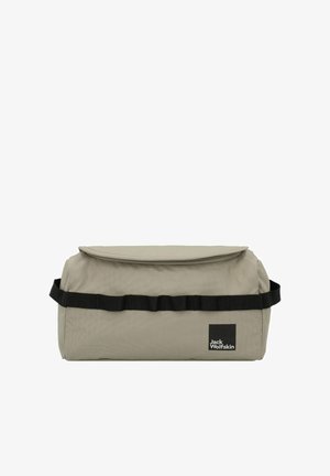 Borsa rettangolare beige con manici neri e logo, caratterizzata da un tessuto testurizzato e chiusura a zip, progettata per versatilità e praticità.