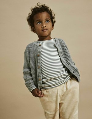 Cardigan gris en tricot avec des boutons en bois, porté par-dessus une chemise rayée blanche et grise, associé à un pantalon beige clair. Fond uni.