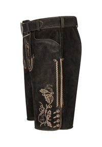 Bruna mockakorts med utsmyckad beige broderi som har blommönster, ett bälte och sidoknappar för stängning.