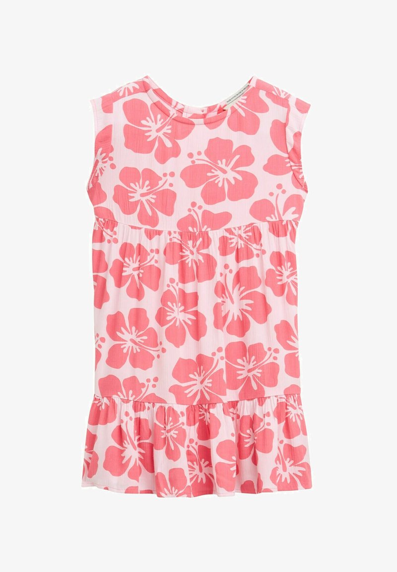 Rosa Blumenkleid mit rundem Ausschnitt, kurzen Ärmeln und einem gestuften Saum mit einem Hibiskus-Muster. Hergestellt aus leichtem Material.