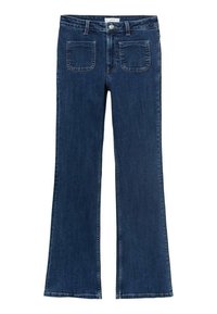 Los jeans de mezclilla oscura acampanados presentan una cintura alta, dos bolsillos traseros y una cinturilla resistente con un cierre frontal de botón. La tela tiene una textura suave.