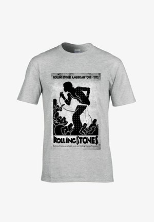 Harmaa T-paita, jossa on musta graafinen kuva laulajasta ja bändistä, teksti "Rolling Stones American Tour 1972" ja "Rolling Stones" alareunassa.