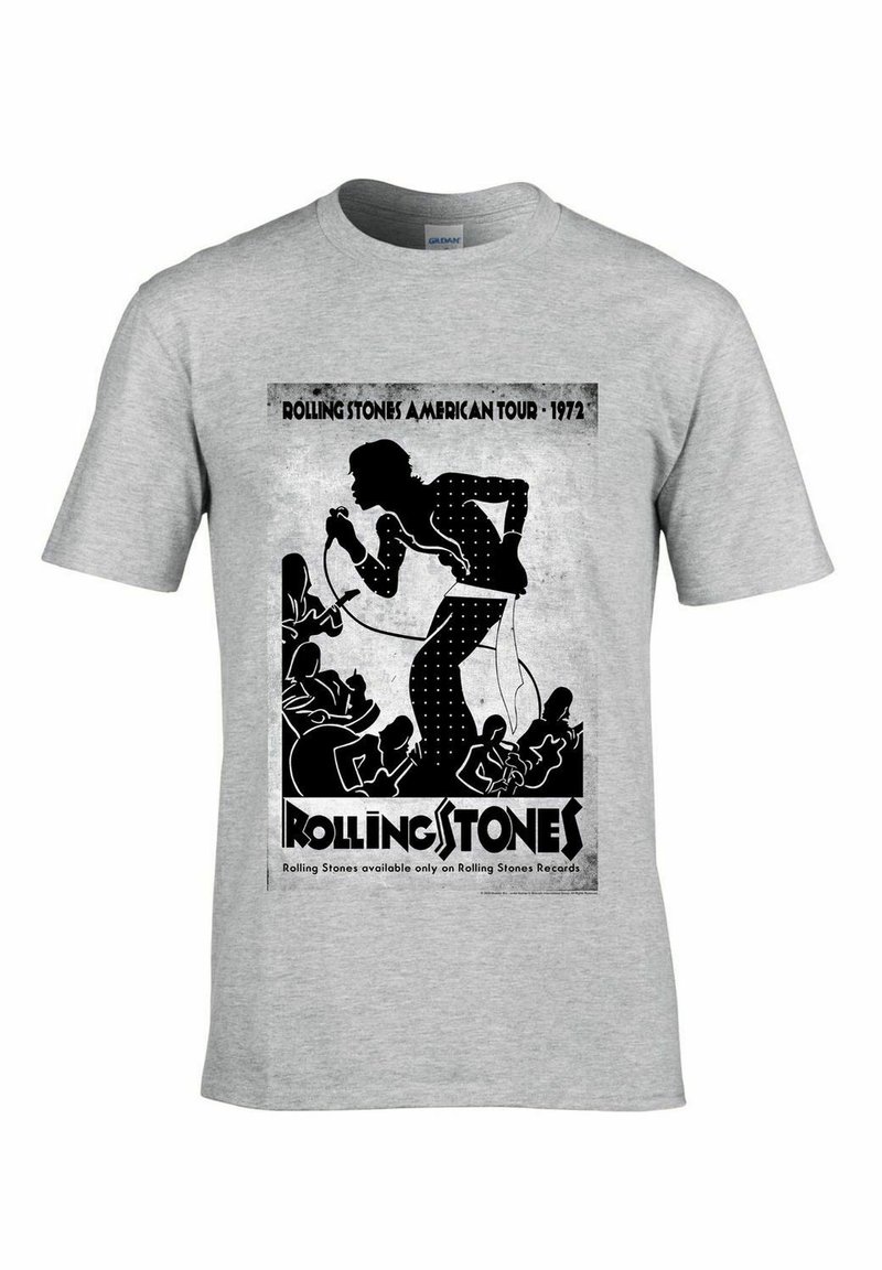 Camiseta gris con un gráfico negro de un cantante y una banda, texto "Rolling Stones American Tour 1972" y "Rolling Stones" en la parte inferior.
