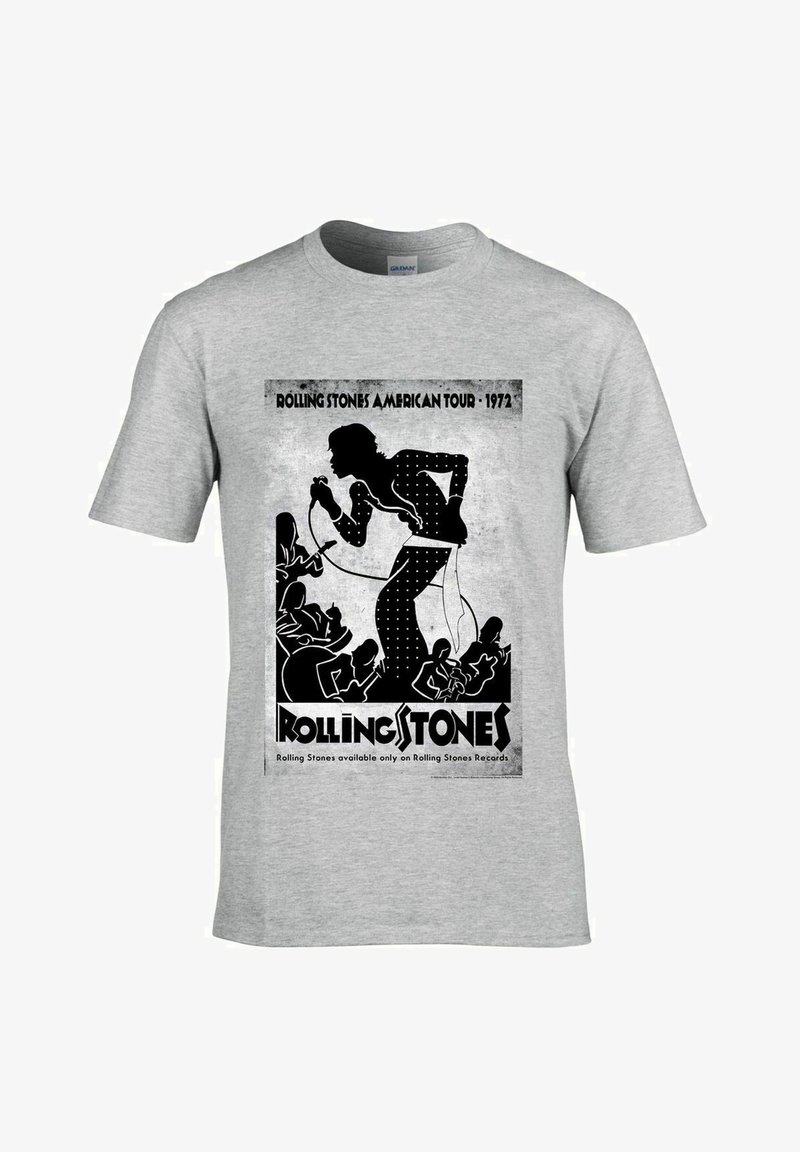 Šedé tričko s černou grafikou zpěváka a kapely, text "Rolling Stones American Tour 1972" a "Rolling Stones" na spodní straně.