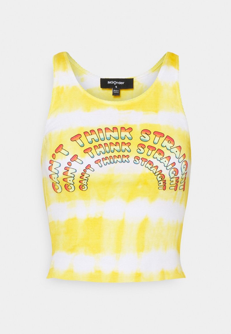 Yellow and white tie-dye tank top with wide straps, featuring "CAN'T THINK STRAIGHT" text in a colorful, arched design. Soft fabric texture.