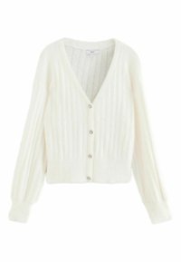 Cardigan court blanc avec un col en V, texture côtelée, manches longues et cinq boutons décoratifs à l'avant. Matériau doux et pelucheux.