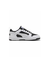 Sort og hvid sneaker med overdel i læder, glat tekstur, perforerede detaljer, flade snørebånd og et udtalt logo på hælen.