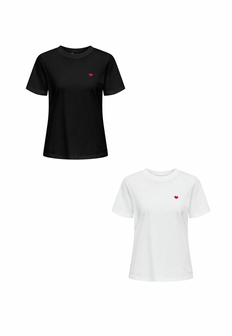 Zwei kurzärmelige T-Shirts, eines schwarz und eines weiß, jeweils mit einer kleinen roten Herzstickerei auf der Brust. Aus Baumwolle, normale Passform.