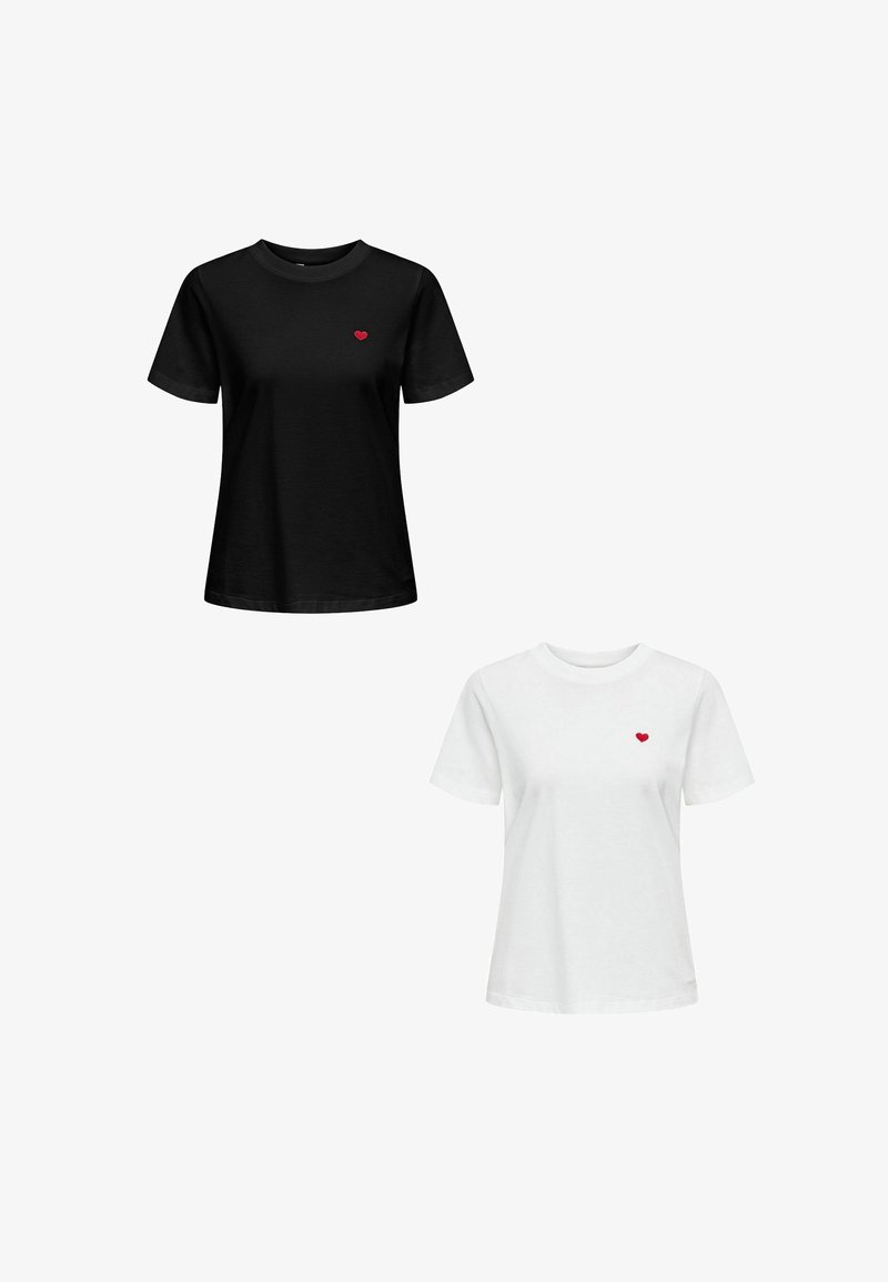 Zwei kurzärmelige T-Shirts, eines schwarz und eines weiß, jeweils mit einer kleinen roten Herzstickerei auf der Brust. Aus Baumwolle, normale Passform.