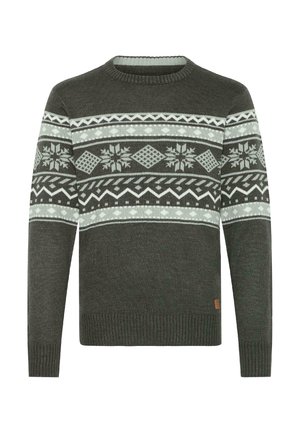 Sötétzöld, hosszú ujjú pulóver, kerek nyakkivágással, világosszürke és fehér fair isle mintával, amely geometrikus formákat és hópelyheket tartalmaz.