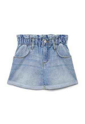 Pantaloncini in denim azzurro chiaro con vita elastica arricciata, tasche frontali, orlo arrotolato e chiusura con bottone in metallo.