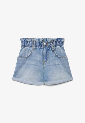 Pantaloncini in denim azzurro chiaro con vita elastica arricciata, tasche frontali, orlo arrotolato e chiusura con bottone in metallo.