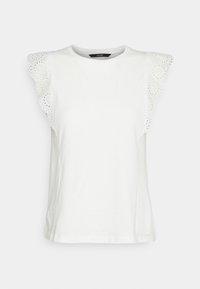 White cotton t-shirt with embroidered eyelet lace detailing on the shoulders, short sleeves, and a round neckline. Smooth texture.