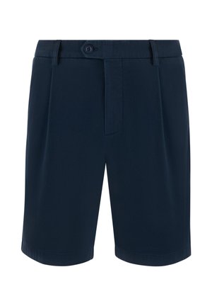 Navyblauwe, op maat gemaakte korte broek met knoop- en ritssluiting, lussens voor riem en een strak, gestructureerd ontwerp.