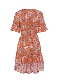 Floral dress with a gathered waist in orange, featuring short ruffled sleeves, a tiered hem, and pink accent patterns at the bottom.