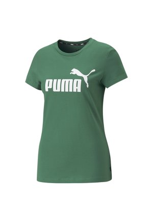 Grøn Puma T-shirt med korte ærmer med hvid Puma-logo og kattegrafik centreret på brystet.