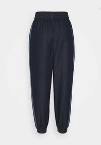 Dark blue jogger pants with elastic waistband and cuffs, featuring lighter blue side stripes, displayed against a plain background.
