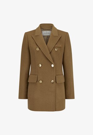 Brauner Woll-Mix Doppelreiher-Blazer mit goldfarbenen Knöpfen, Reverskragen und zwei vorderen Taschen. Hat eine taillierte Form und eine glatte Textur.