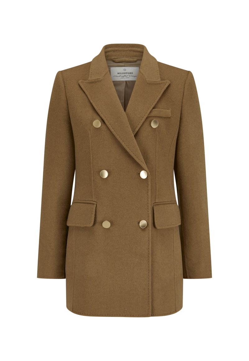 Brauner Woll-Mix Doppelreiher-Blazer mit goldfarbenen Knöpfen, Reverskragen und zwei vorderen Taschen. Hat eine taillierte Form und eine glatte Textur.