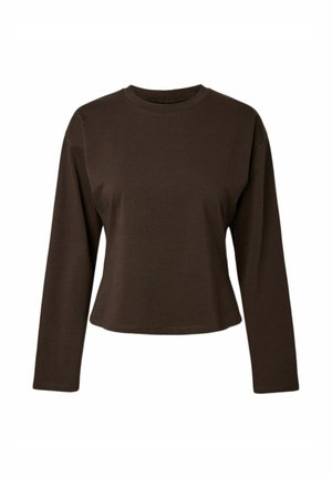 Mørkebrun, langermet cropped skjorte med rund hals, enkel design uten synlige mønstre eller logoer på hvit bakgrunn.