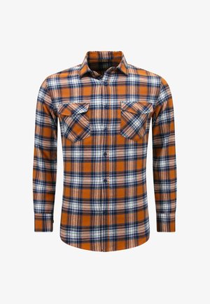 Geruite flanellen overhemd in oranje, blauw en wit, met twee borstzakken, een knoopsluiting aan de voorkant en lange mouwen met knoopmanchetten.