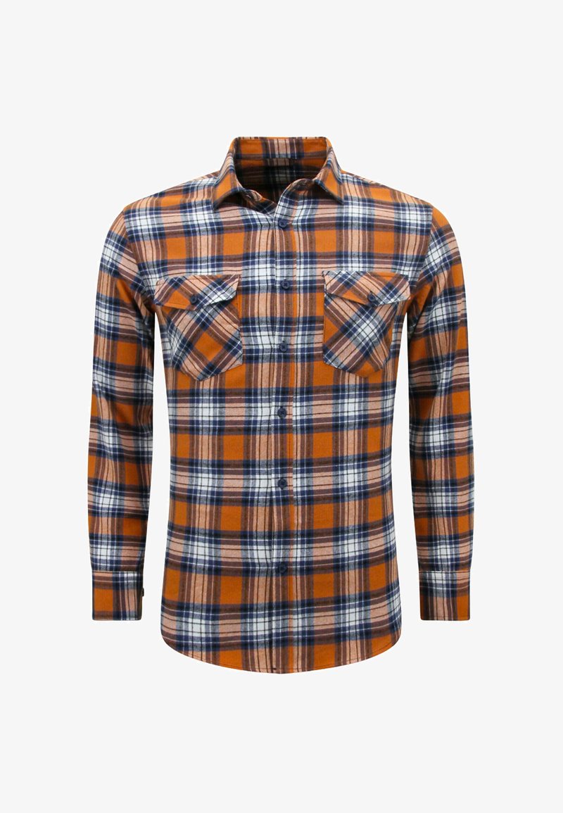 Geruite flanellen overhemd in oranje, blauw en wit, met twee borstzakken, een knoopsluiting aan de voorkant en lange mouwen met knoopmanchetten.