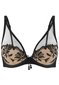 Soutien-gorge noir avec des bordures en dentelle, cups en tulle transparent et tissu beige en dessous, ornés de broderies florales et d'un détail en nœud central avec des franges.