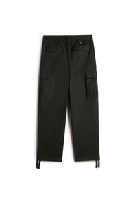 Pantalon cargo vert foncé avec deux poches arrière à rabat, deux poches cargo latérales et des cordons de serrage réglables aux ourlets des chevilles.
