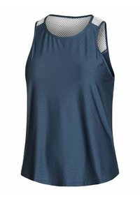 Mouwloze marineblauwe sporttanktop met witte mesh-panelen op de schouders en bovenrug.