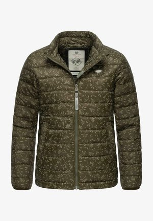 Olíva zöld puffertáska steppelt mintázattal, elülső cipzárral, virágos mintával és oldalsó zsebekkel. Magas gallérral és márkajelzéssel rendelkezik.