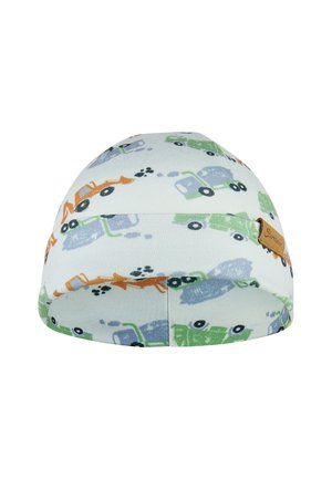 Cotton cap featuring a light blue background with a repeating pattern of construction vehicles in green, orange, and gray. Circular shape, stitched detail.