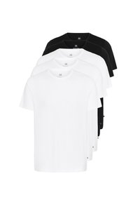 Penki crew neck marškiniai trumpomis rankovėmis, juodos ir baltos spalvų, tiesaus kirpimo, pagaminti iš lygaus medvilnės audinio. Etiketės kaklo srityje.
