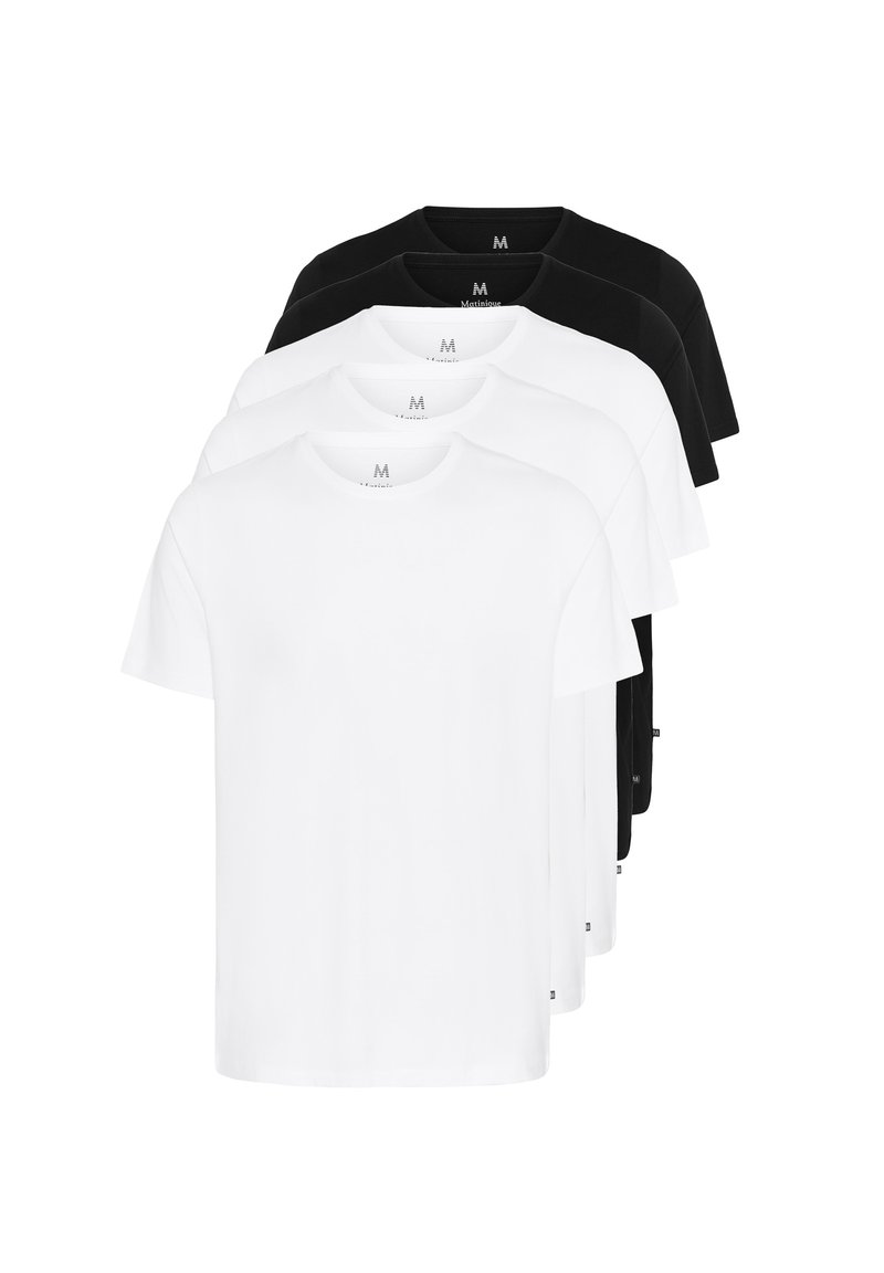 Penki crew neck marškiniai trumpomis rankovėmis, juodos ir baltos spalvų, tiesaus kirpimo, pagaminti iš lygaus medvilnės audinio. Etiketės kaklo srityje.