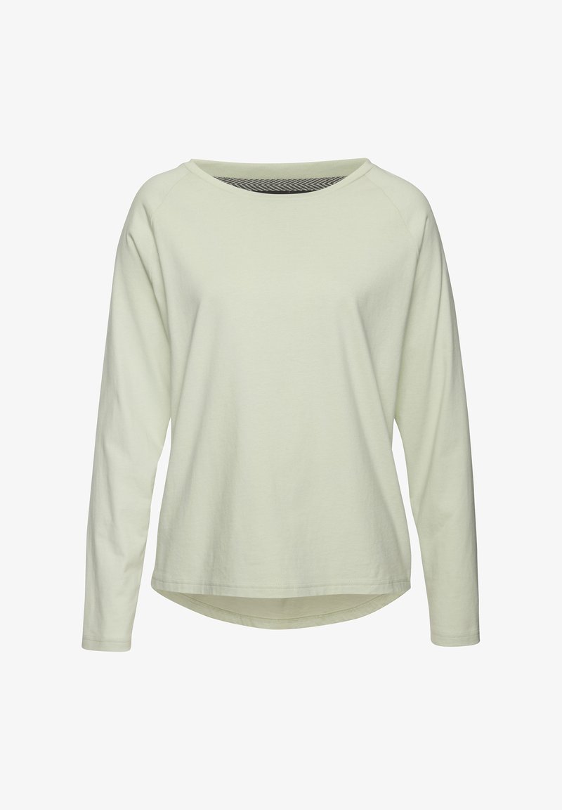 Lichtgroene langesleeve top met een wijde halslijn, voorzien van raglanmouwen en een ronde zoom. Gemaakt van zachte, lichtgewicht stof.