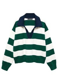 Pullover a righe verdi e bianche con colletto navy. Presenta un design a V e bordi a costine. Realizzato in morbido materiale lavorato a maglia con una vestibilità comoda.