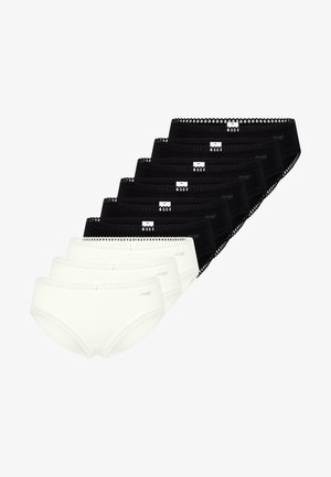 Set aus sechs Baumwoll-Slips: drei schwarze und drei weiße, mit Spitzenbesatz entlang des Taillenbunds und einem kleinen Logodetail vorne.