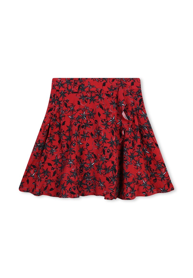Jupe florale rouge avec un design plissé, présentant des motifs de fleurs noirs et gris, en tissu doux et avec une taille élastique.