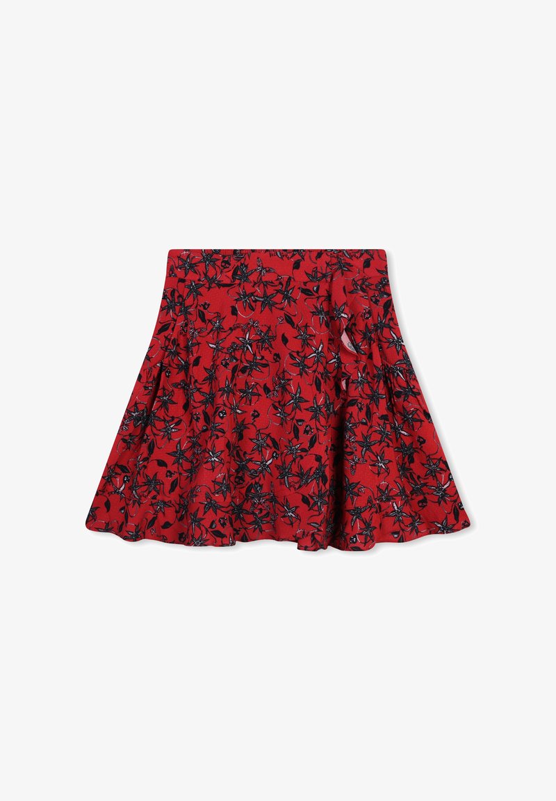 Jupe florale rouge avec un design plissé, présentant des motifs de fleurs noirs et gris, en tissu doux et avec une taille élastique.