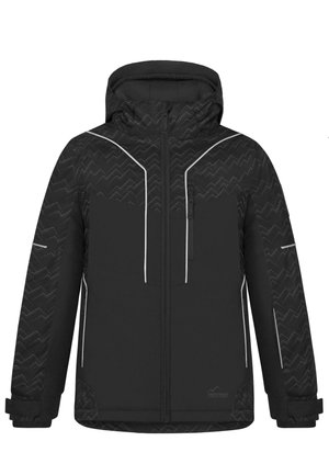 Black insulated jacket with a zigzag pattern on the upper half, white accents, a zippered pocket, and a hood. Features adjustable cuffs.