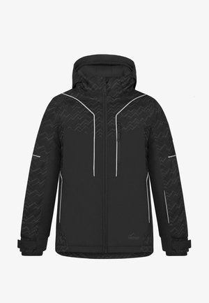 Schwarze isolierte Jacke mit einem Zickzackmuster auf der oberen Hälfte, weißen Akzenten, einer Reißverschlusstasche und einer Kapuze. Sie verfügt über verstellbare Manschetten.