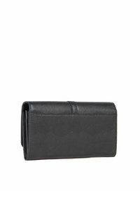 Billetera negra de cuero texturizado, con forma rectangular, tapa plegable y un sutil patrón geométrico.