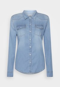  Lichtblauwe denim shirt met lange mouwen, knoopsluiting aan de voorkant, twee borstzakken en een gebogen zoom. Kenmerkt zich door gestikte details op de schouders.