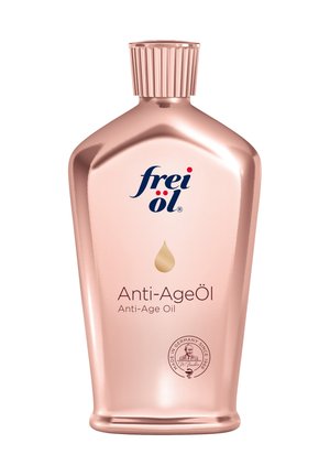 Frei Öl Anti-Age Öl in einer metallic rosegoldfarbenen Flasche mit strukturiertem Verschluss, versehen mit Markenlogo und "Made in Germany"-Siegel.