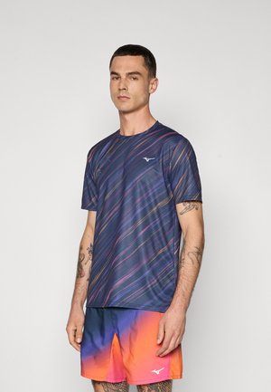 Navy athletic t-shirt with dynamic multicolored stripe pattern, short sleeves, round neck, and logo on the left chest. Paired with gradient shorts.