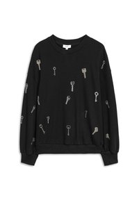 Czarna bluza z nadrukiem kluczy w metalicznej srebrze, o luźnym kroju, z żebrowanym dekoltem i długimi rękawami wykończonymi mankietami.