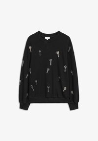 Sudadera negra con un estampado de llaves metálicas en plata que cubre toda la prenda, con un corte relajado, cuello acanalado y mangas largas con puños.