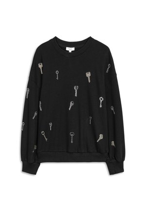 Black sweatshirt featuring an all-over key pattern in metallic silver, with a relaxed fit, ribbed neckline, and cuffed long sleeves.