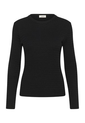 Čierny pletený sveter má dlhé rukávy, okrúhly výstrih, štruktúrovaný vzor a priliehavý strih. Na etikete je napísané "soaked."