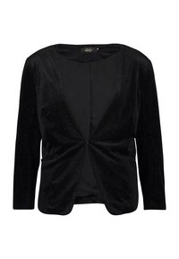 Veste en velours noir à manches longues, col en V profond et coupe ajustée. Les détails incluent des paillettes discrètes et une texture lisse.